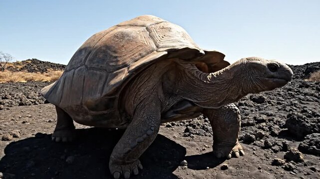 Ancient Galapagos Tortoise Lumbering Across Volcanic Rock