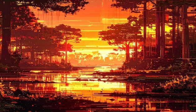 夕焼けが見える森のグリッチノイズの背景