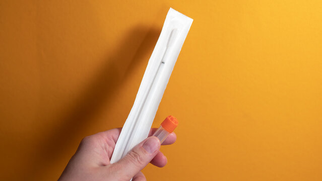 Hand holding home DNA testing kit with saliva sample tube for genetic ancestry test