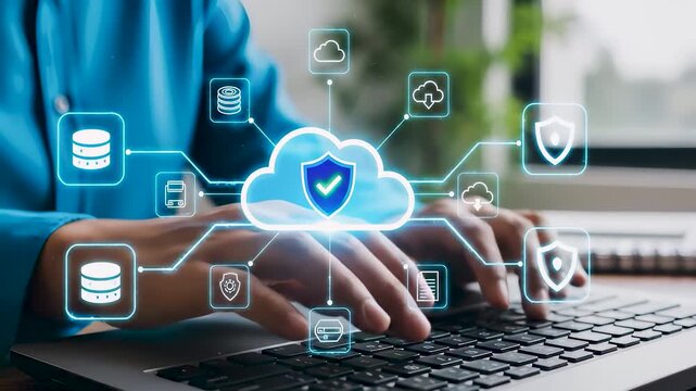 Businessman hand typing on laptop with digital cloud computing security service interface, cyber network data protection technology concept and secure access edge firewall.