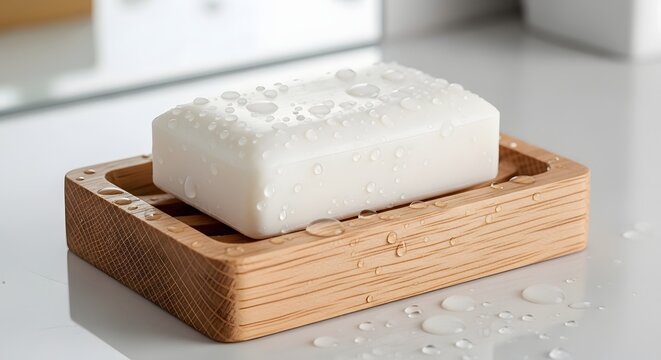 Beechwood soap dish holding rectangular bar with water droplets minimalist clean bathroom accessory