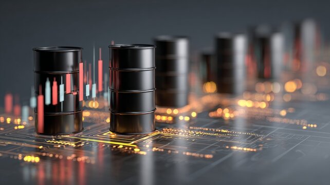 Rising conflict triggers surge in crude energy prices. Ai collaboration. Dynamic visuals of oil, stocks, and conflict envision economic impact. Human technology. Intelligent design.