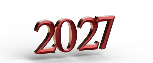 3D rendered illustration of the year 2027 in red metallic font, isolated on white. Perfect for New...