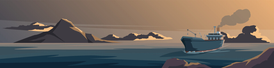 Naklejka premium Horizontal or Landscape view of lonely oil tanker traverses the narrow shadowy waters of the strait. Flanked by jagged peaks under a heavy amber toned sky.