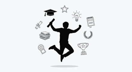 Fototapeta premium A silhouette of a jubilant graduate jumping high in the air, surrounded by symbols of academic achievement and success on a white background.