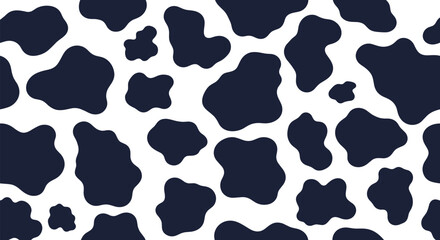 Fototapeta premium Classic black and white cow print seamless pattern with large organic spots for a fun farm animal-themed background design.