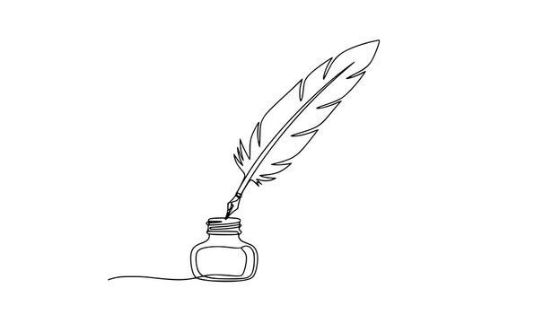 Minimal continuous line art quill pen and ink bottle writing vector illustration