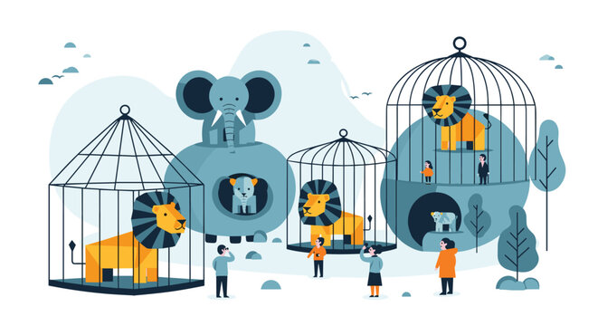 A surreal illustration of a zoo where tiny people are looking at giant lions and elephants displayed inside bird cages.