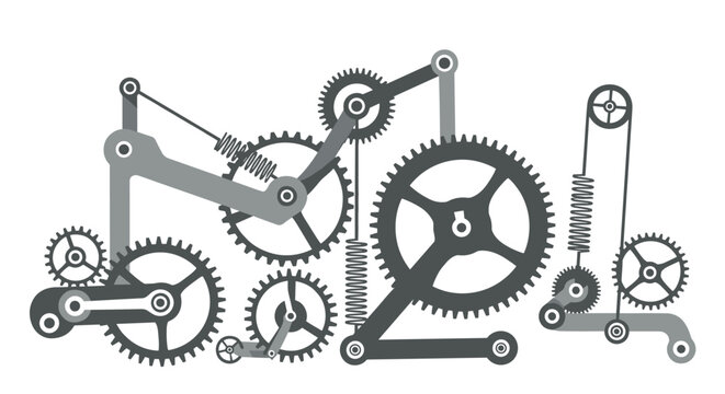 Complex monochrome illustration of a clockwork mechanism with interconnected gears levers and springs in a steampunk style design.