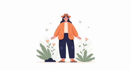 Person in orange jacket and hat stands amidst plants and flowers with a minimalist aesthetic © Reva