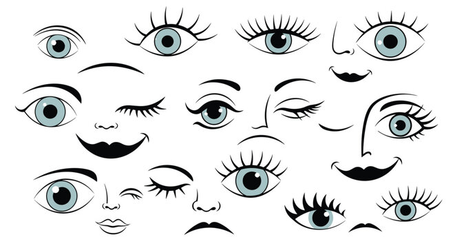 A whimsical collection of hand-drawn cartoon faces with expressive light blue eyes showing emotions like happiness and curiosity.