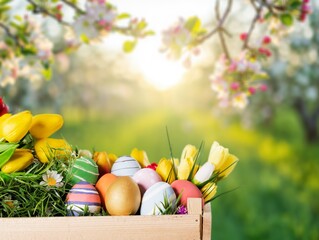 Painted easter eggs on spring day with green background