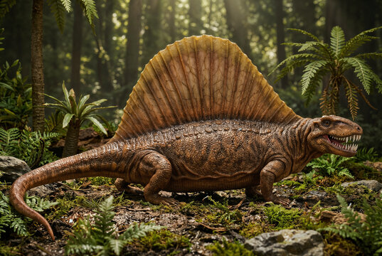 Dimetrodon grandis, impressive extinct synapsid with dorsal sail resting relaxed in a prehistoric clearing