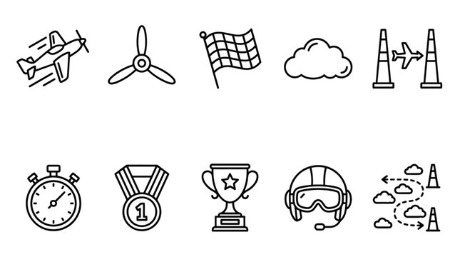 A collection of vector line art icons depicting elements of aviation sports including a plane, propeller, checkered flag, cloud, pilot helmet, trophy, stopwatch, and medal.