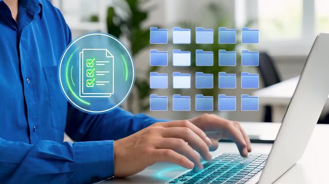 Businessman hand typing on laptop with virtual file folder interface icons, digital document management system concept and electronic data archive storage compliance verification.