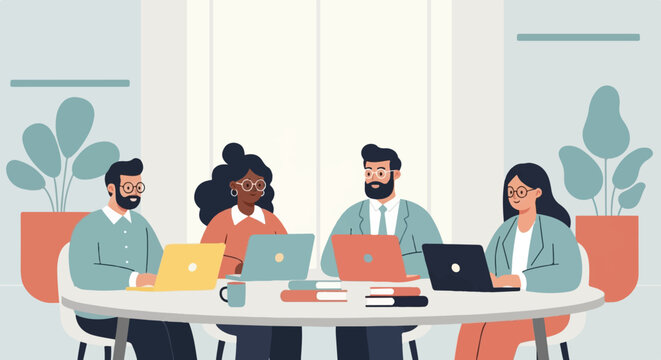 Diverse team collaborating around a table with laptops and plants (2)