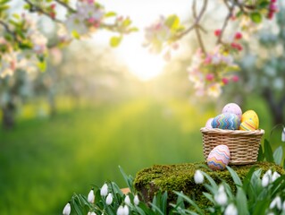 Painted easter eggs on spring day with green background