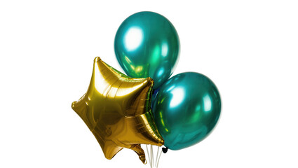 Isolated shiny golden star and emerald green metallic balloons for festive party decoration © Ophelia