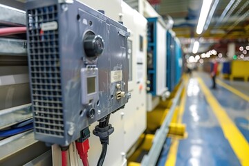 Industrial control panel mounted on machinery in a factory setting with cables and equipment in a brightly lit production environment.