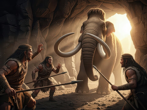 Prehistoric hunters facing a mammoth in a cave, scene of survival, strength and ancient bravery