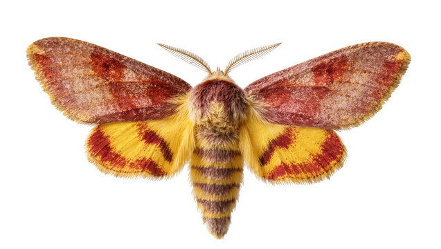 Isolated colorful fuzzy moth with distinct red and yellow wing patterns, tropical insect close-up.