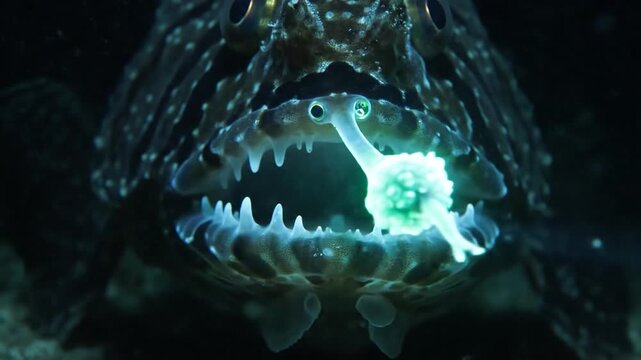 Bioluminescent Anglerfish Luring Prey in Deep Sea Abyss