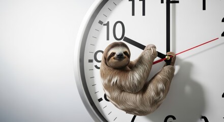 Fototapeta premium Sloth Bradypus tridactylus clinging to clock hands, concept of slowness and relaxation in modern time