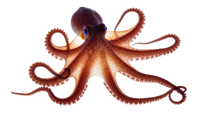 Isolated vibrant reddish-brown octopus with bright blue eyes and spread tentacles underwater