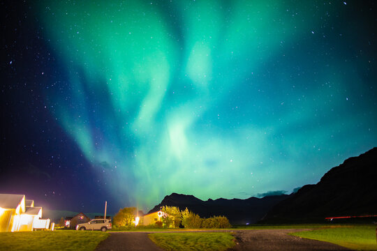 Aurora blooming day in southern Iceland