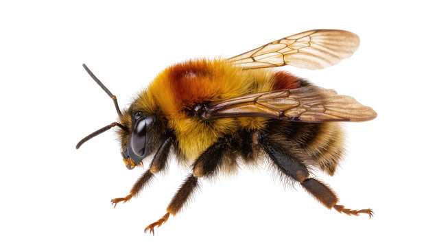 Isolated fuzzy bumblebee, a vibrant insect captured in detail, a beneficial pollinator