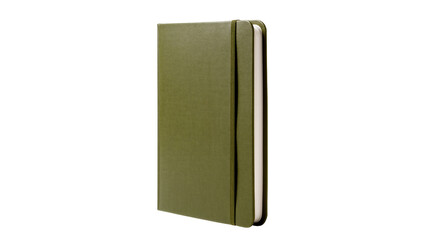 Isolated elegant olive green hardback notebook with an elastic band closure standing upright © Ophelia