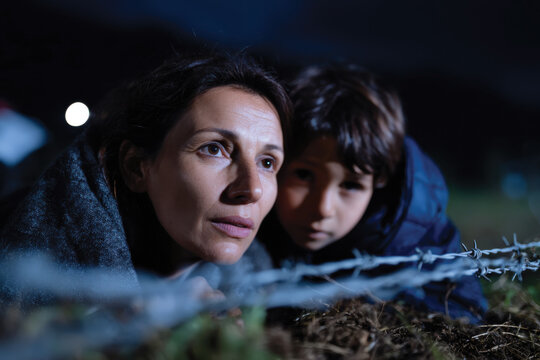 The image captures a mother and child lying low, peering through barbed wire, portraying their anxiety and determination in the face of danger and uncertainty.