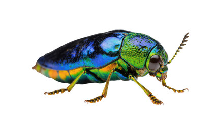 Naklejka premium Isolated stunning vibrant jewel beetle showcasing metallic blue green and golden colors.