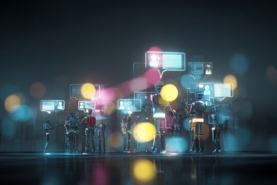 Competitive edge: humans and robots in a tech-driven job market. Digital society network. Vibrant scene of humans and robots competing for employment opportunities.