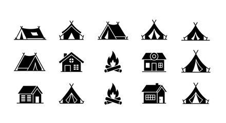 Camping icon set featuring tents cabins and campfire symbols © Basecamp
