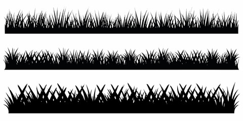 Three rows of detailed black silhouette grass on a white background © Tithi