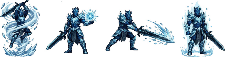 pixel art frost elemental ice knight character with frozen armor and crystalline winter magic sword. © Pixel Zone