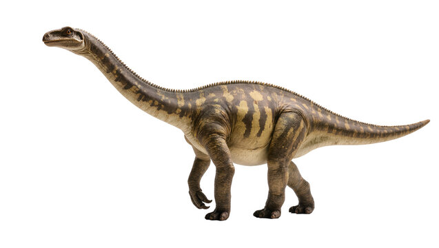 Isolated realistic model of a long-necked plant-eating sauropod dinosaur in walking pose