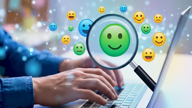 Businessman typing laptop conducts digital client survey feedback analysis. Market research data for customer satisfaction insight. Modern evaluation system monitoring user behavior performance.