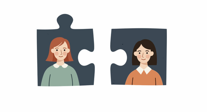 Two women in puzzle pieces together.