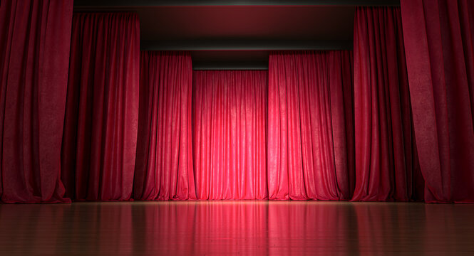 Red velvet curtains closing a theater stage 3d