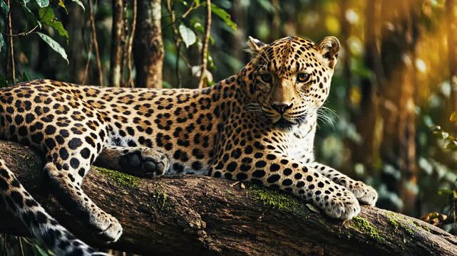 Clouded Leopard Rests On Jungle Tree Branch
