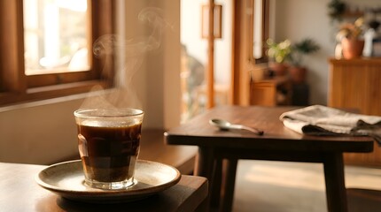 Coffee Cup Coffee with Steam in Morning Light