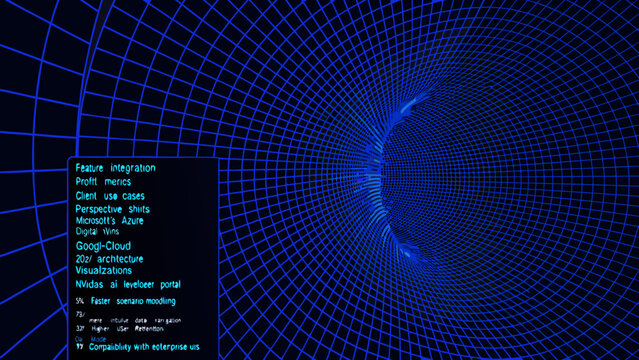 Abstract blue vortex with text overlay showcasing technology and data insights