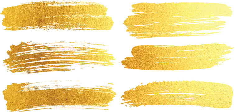 Gold paint brush strokes. Collection of golden paint brush strokes isolated on transparent background. Set of gold brush strokes isolated on white background.	