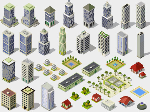 Isometric collection of various city buildings parks and structures
