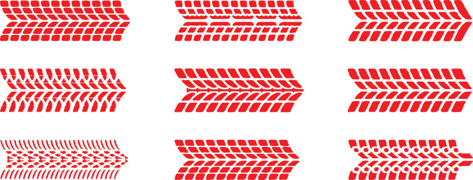 Tire tracks vector set grungy, dirty, and detailed tire marks, footprints, and trails. Collection of diverse red tire tracks footprints and marks isolated on a white background in vector format. 