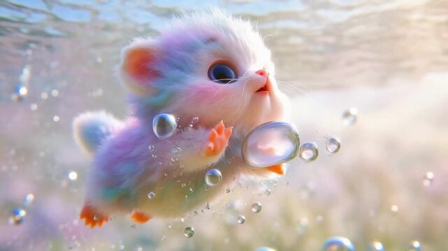 Cute fantasy kitten underwater with fluffy fur and bubbles pastel color dreamy art digital illustration adorable animal fantasy creature with soft light dreamy underwater scene and floating pose with