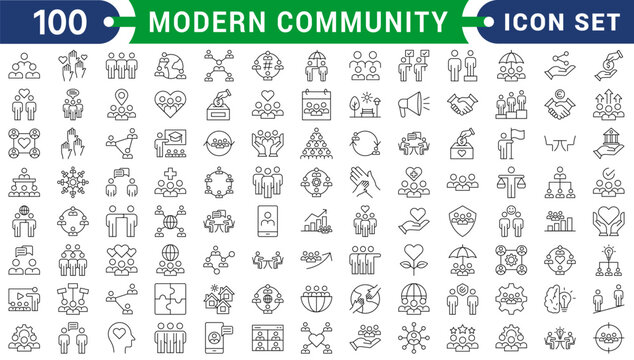 Modern community line editable icons set. Thin vector illustration of people, social network, neighborhood, friendship, family, connection & belonging symbols.