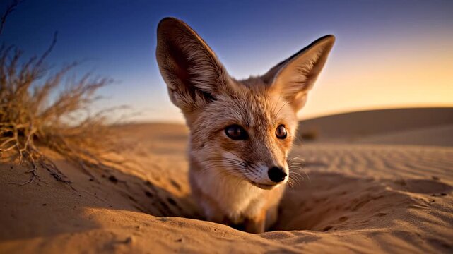 Curious Fennec Fox Peeking From Desert Burrow At Dawn